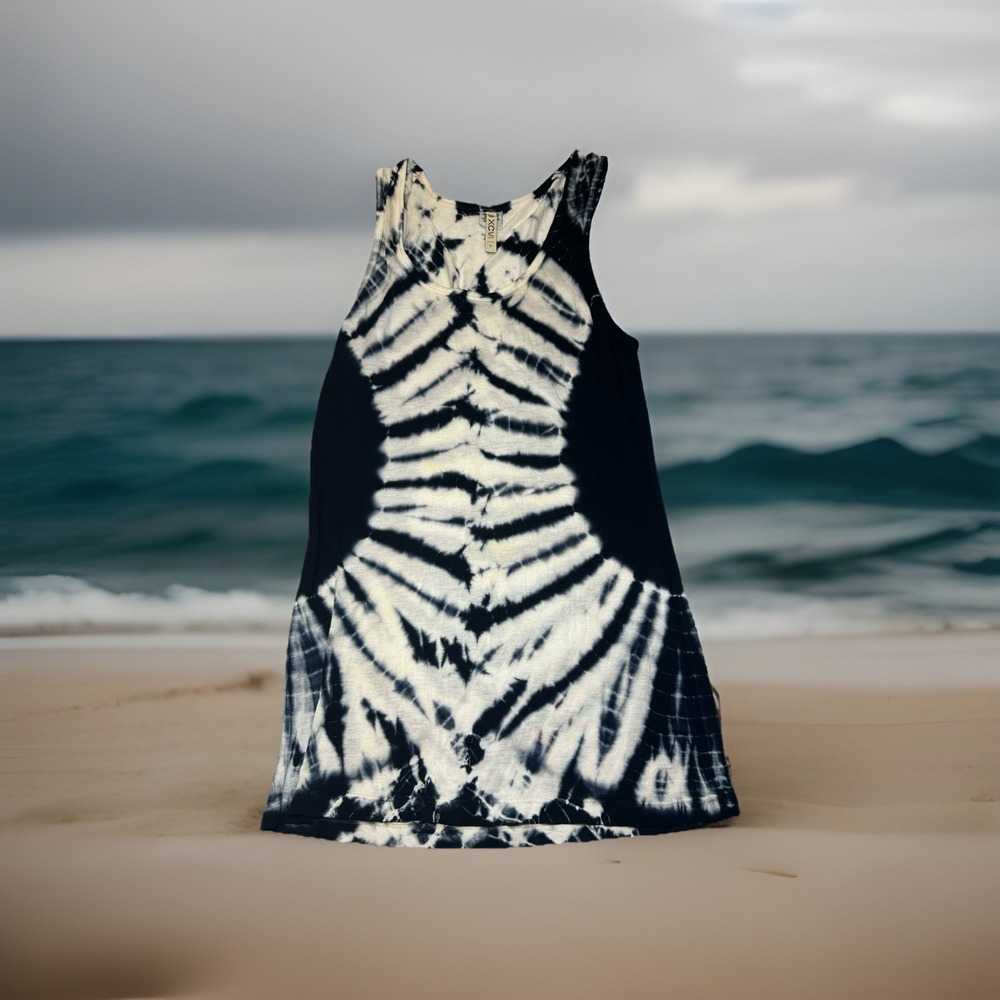 XCVI Womens Small Tie Dye Tank Top Navy & White Boho Stretch Sleeveless Tunic